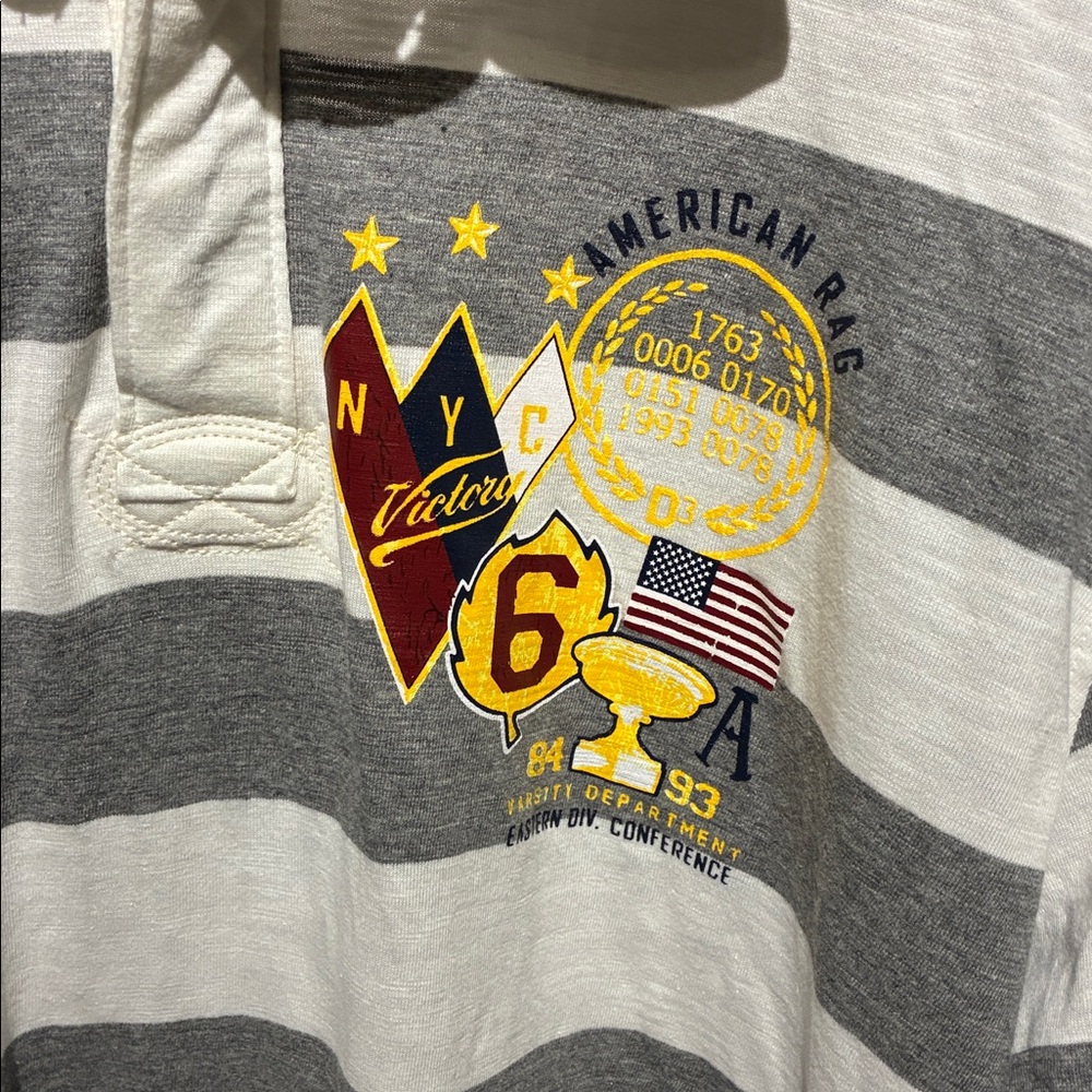 American Rag Hooded Gray and White Long Sleeve Striped Polo Shirt - Picture 2 of 9